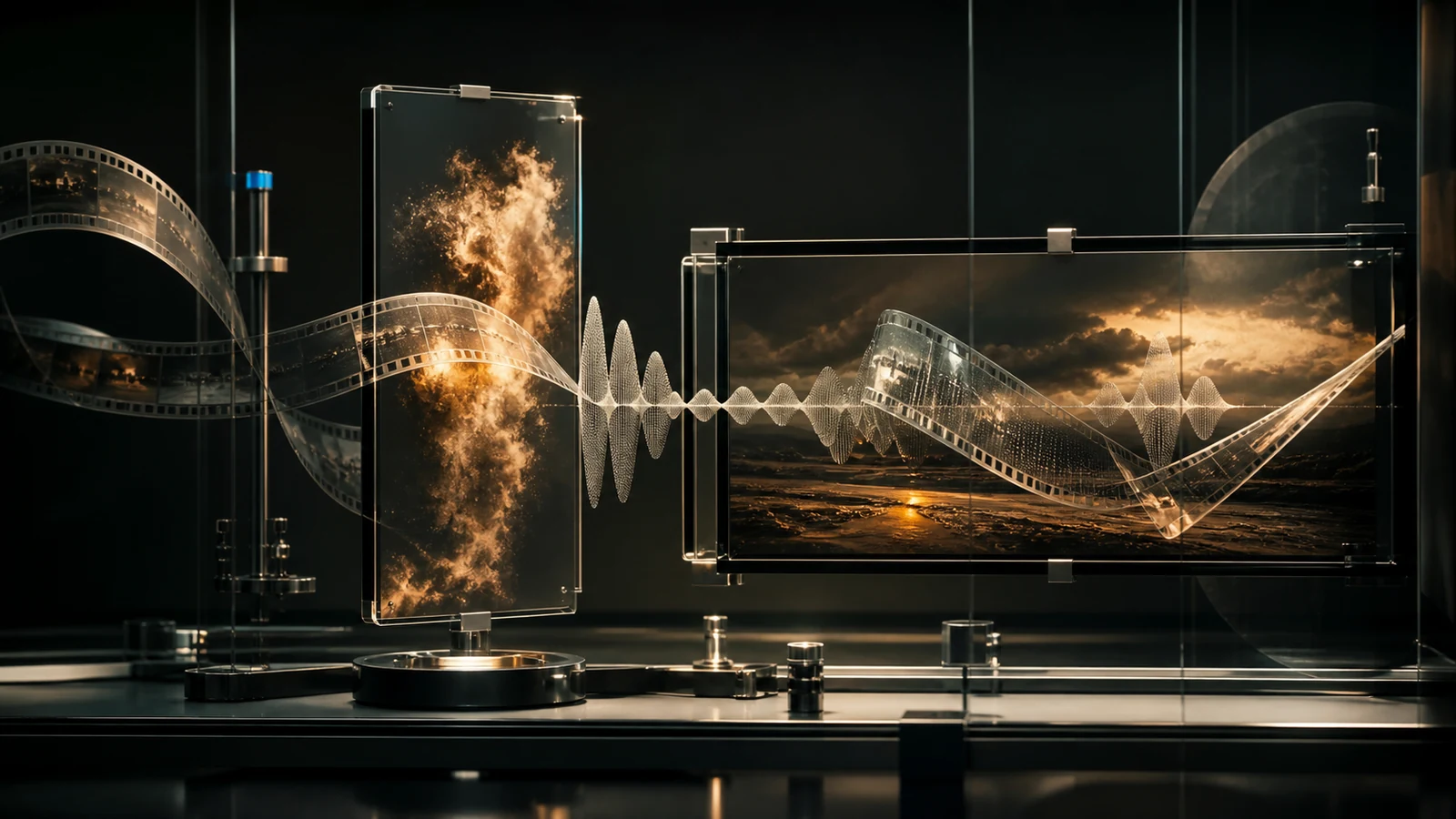 Translucent vertical and horizontal film frames linked by a sculptural audio waveform