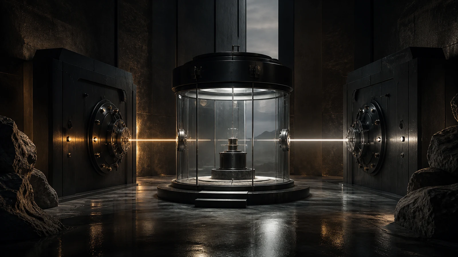 Two sealed evidence vaults submitting protected material into a central transparent verification chamber