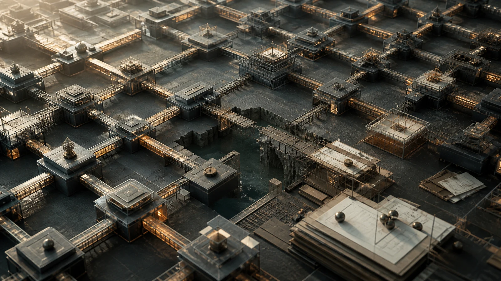 An architectural field of connected AI systems interrupted by incomplete bridges and governance layers