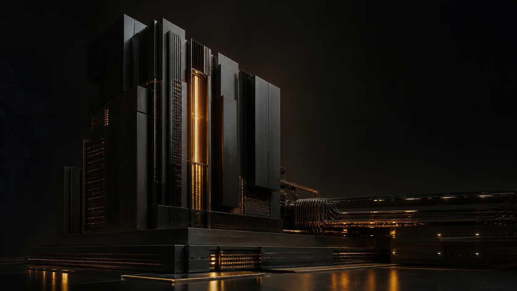 A monumental black custom-compute structure threaded with restrained amber energy