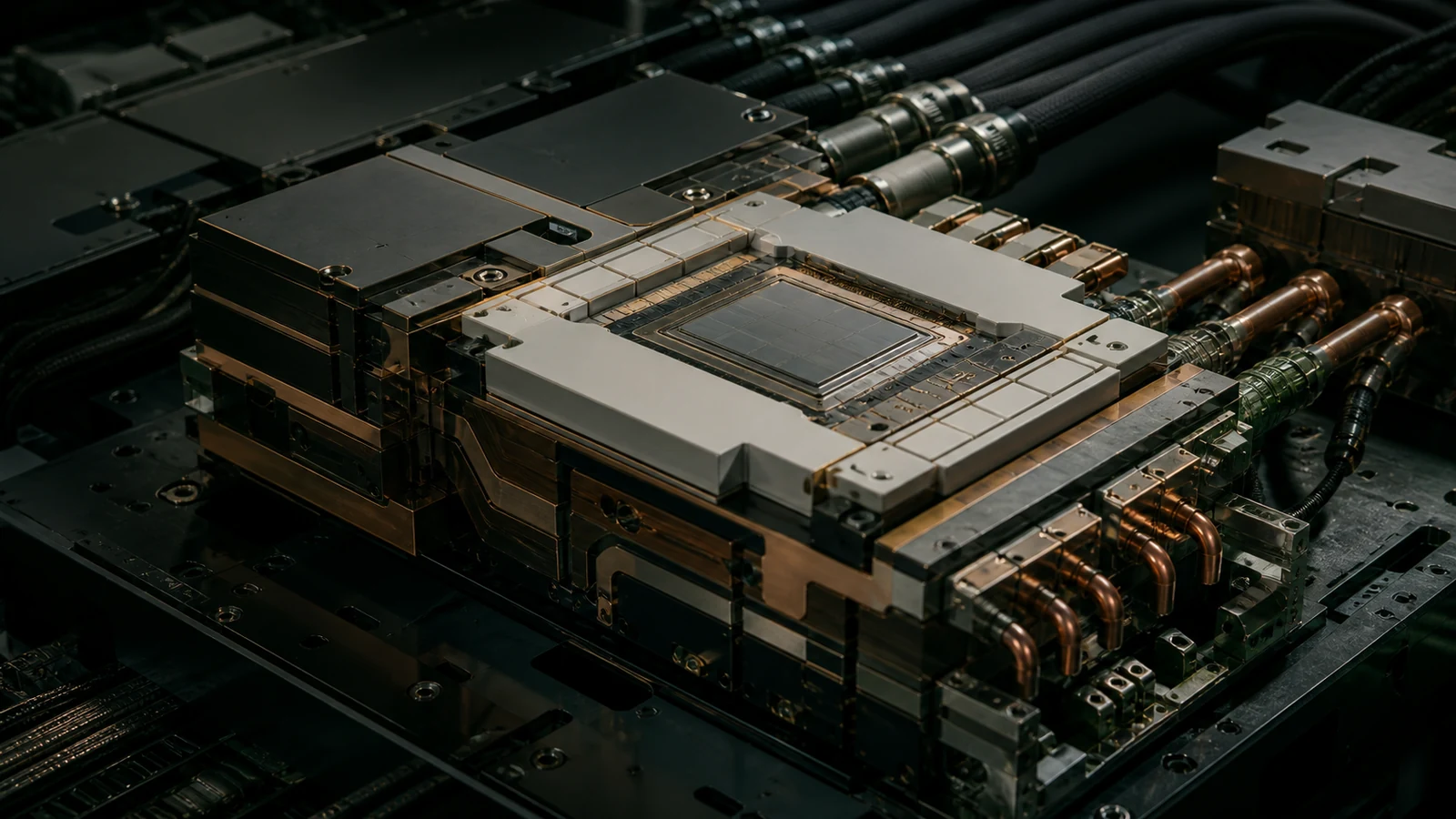 A custom AI inference accelerator with layered cooling plates, copper microchannels and power connections