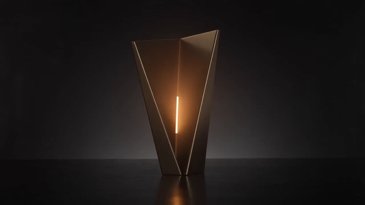 A controlled illuminated form contained inside a dark angular structure