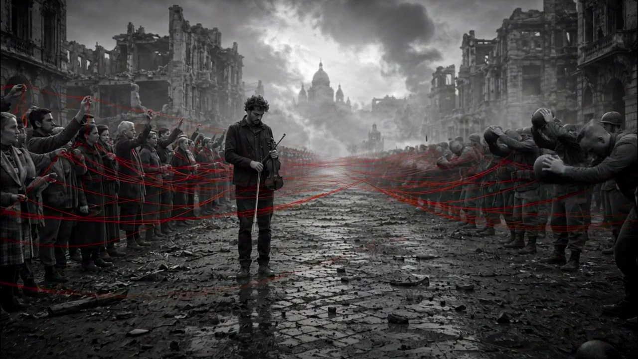 A stylised cinematic composition connected by visible red threads