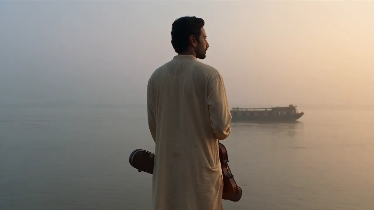 A person standing beside a river in a quiet cinematic landscape